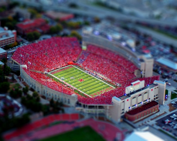 Tilt-shift photo of an American football stadium